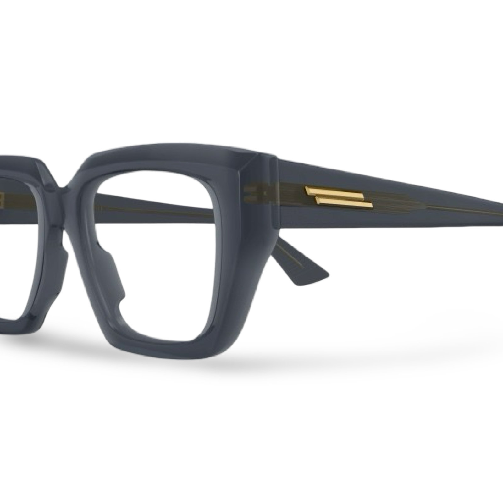 Dettaglio fregio a doppia barra dorata su occhiali da vista Bottega Veneta BV1032O grey
