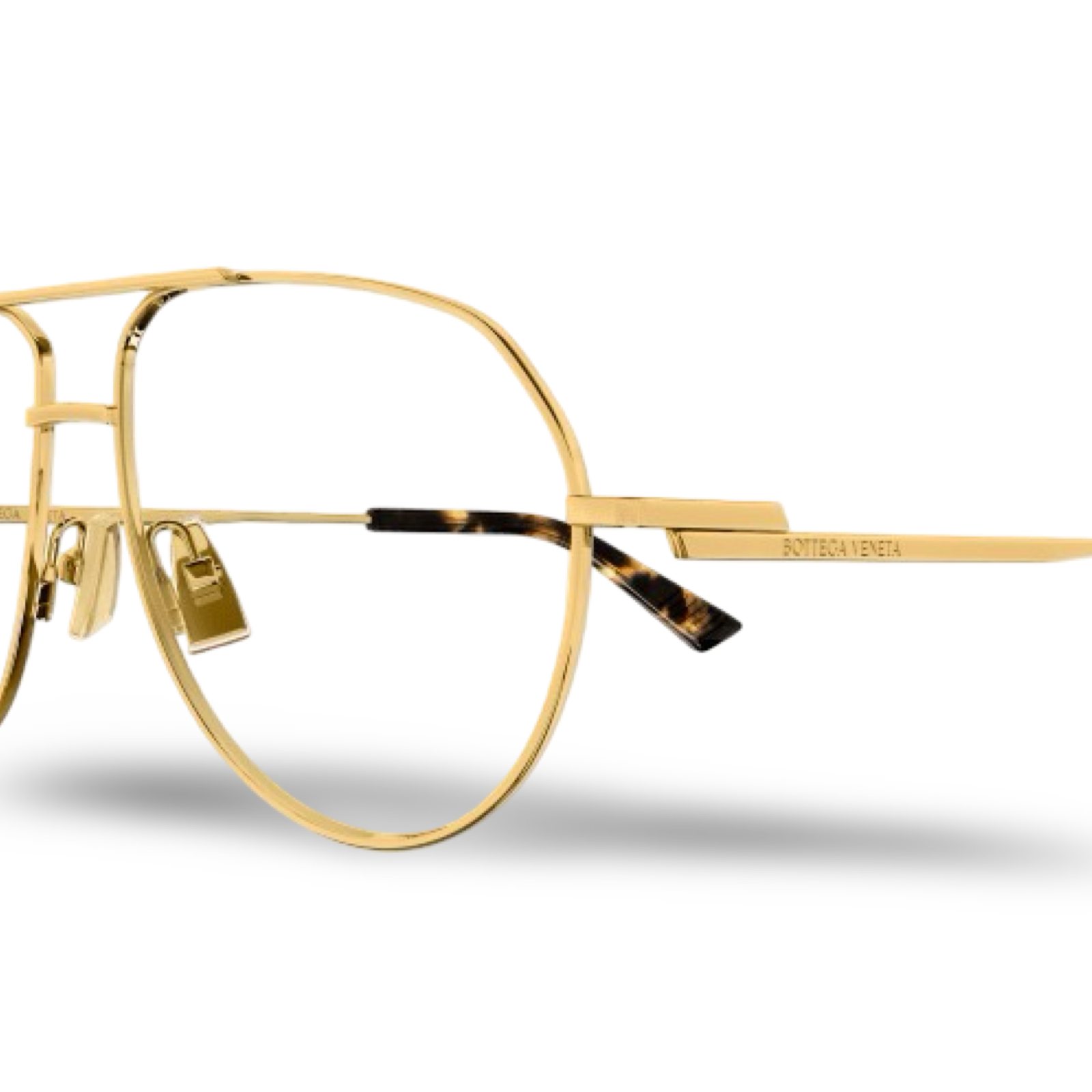 Dettaglio asta in metallo oro e terminale tartarugato occhiali da vista Bottega Veneta BV1302O gold